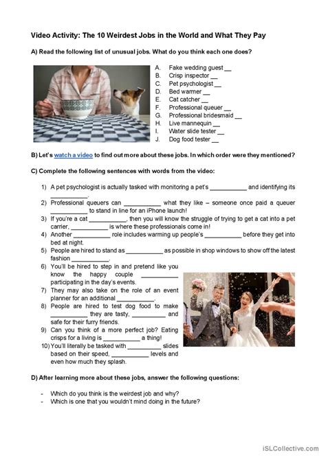 Weirdest Jobs in the World (Video Le…: English ESL worksheets pdf & doc