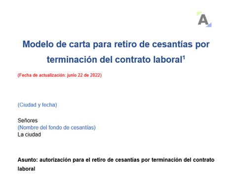 Carta para retiro de cesantías por terminación del contrato laboral