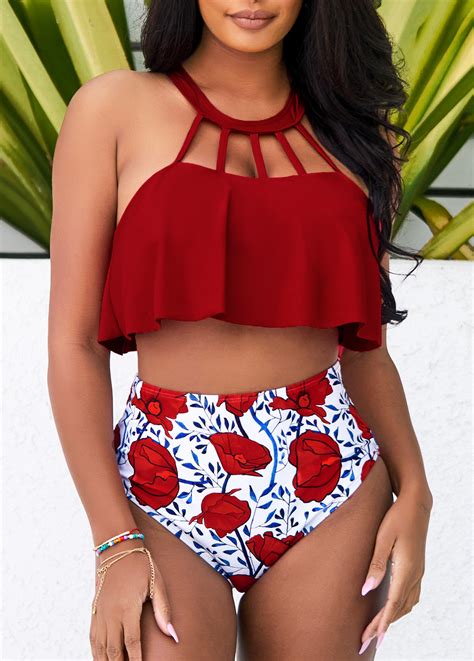 Red Cage Neck High Waisted Bikini Set Rotita Usd