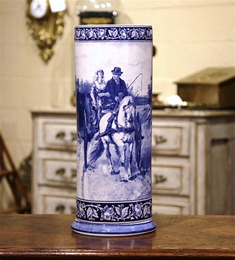 19th Century French Hand Painted Blue And White Porcelain Umbrella