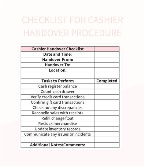 Checklist For Cashier Handover Procedure Excel Template And Google ...