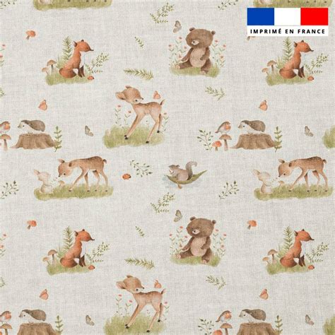 Popeline de coton peigné motif animaux des bois jolis effet aquarelle