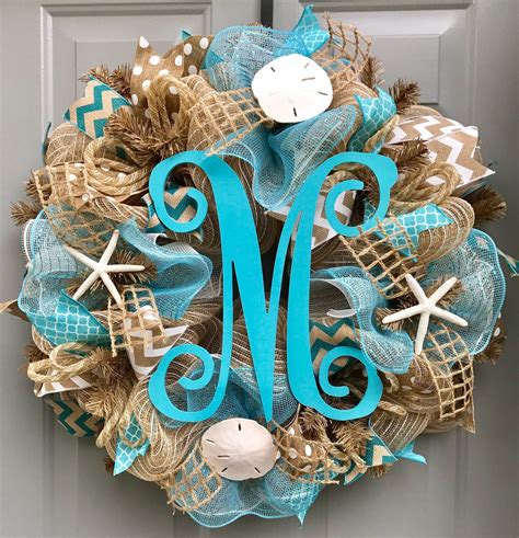 Personalized Beach Wreath Beach Burlap Deco Mesh Wreath With Monogram