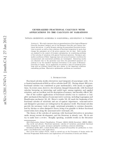 (PDF) Generalized Fractional Calculus in Variational Problems