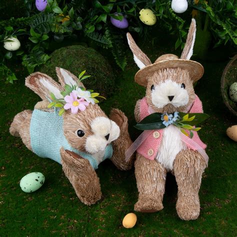 Qeqekaka Easter Bunny Couple Decoration 2pcs Handmade Straw Bunny Figurine Easter