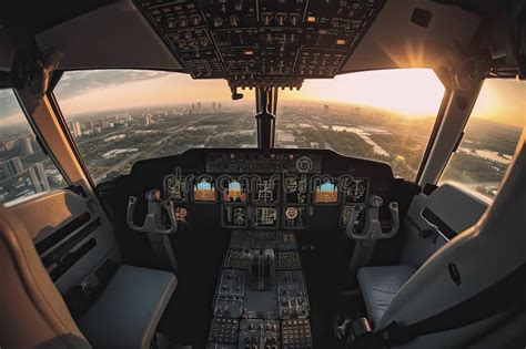 Cockpit Of Modern Passenger Jet Aircraft Pilots At Work Stock