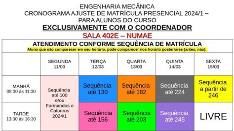 2024 1 Cronograma ajuste presencial de matrícula Engenharia Mecânica