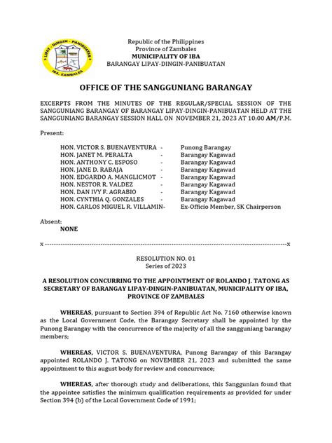 Resolution On The Appointment Of Barangay Secretary Pdf Philippines