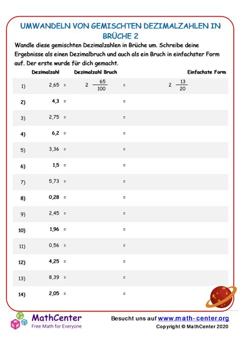 F Nfte Klasse Arbeitsbl Tter Umwandlung Von Br Chen Math Center