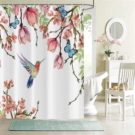 Rideau De Douche Fleurs Colibri 180X200 Fleurs Colorées Oiseau Mignon