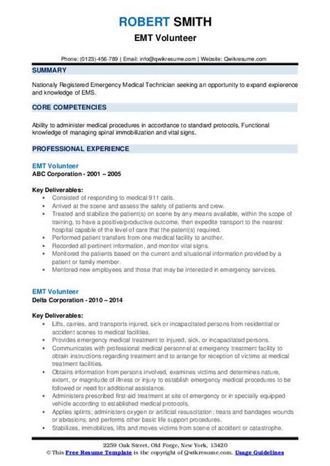 EMT Volunteer Resume Samples QwikResume