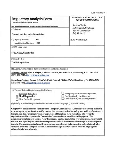 Fillable Online Irrc State Pa RegulatoryAnalysis Form Fax Email Print