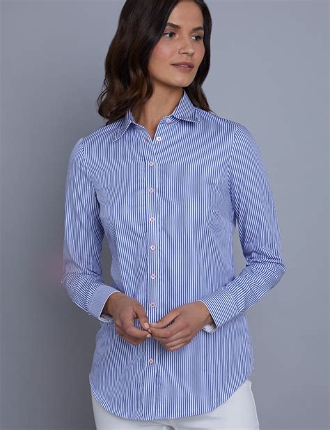 Women S Blue White Bengal Stripe Semi Fitted Shirt Single Cuff