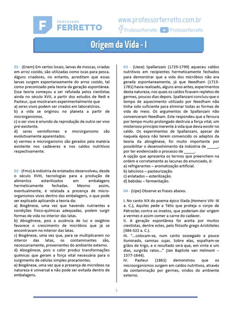 Questões Origem Da Vida - Parte 1 | PDF