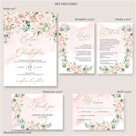 Boho Blush Pink Roses And Gold Wedding Invitation Rozy Psd Template By