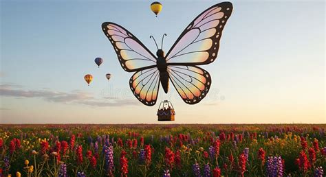 Giant Butterfly Hot Air Balloon Soaring Over Vibrant Wildflower Field