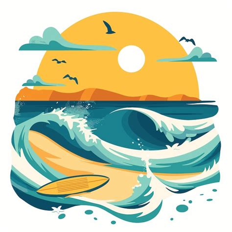 Tabula De Surf Na Praia Ao P R Do Sol Ilustra O Vetorial Em Estilo