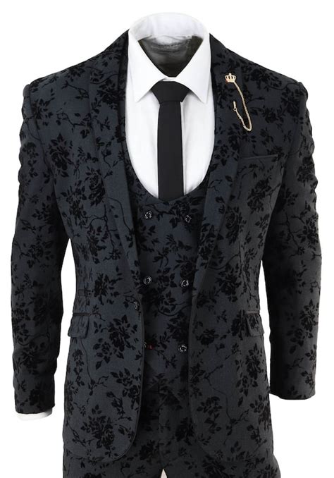 Mens Black 3 Piece Suit Paisley Velvet Wedding Groom Best Etsy