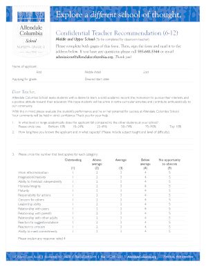 Fillable Online Allendalecolumbia Confidential Teacher Recommendation