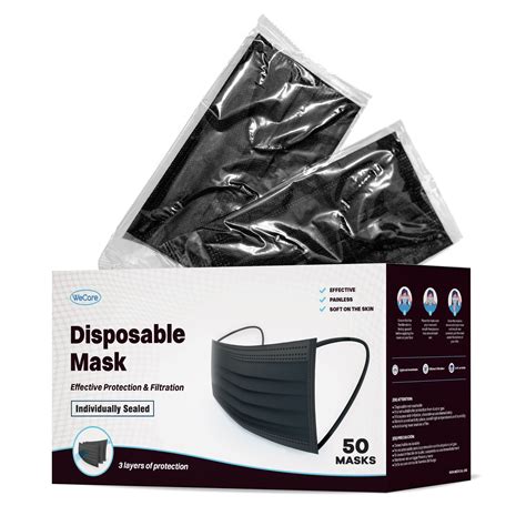 Disposable Face Masks 3 Ply Individually Wrapped 50ct Black