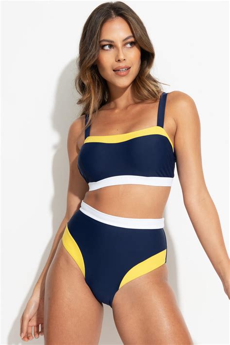 Palm Springs Hidden Underwired Cami Bikini Top In Yellow Navy White