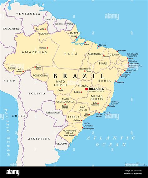 Estados De Brasil Mapa Político Unidades Federativas Con Fronteras Y