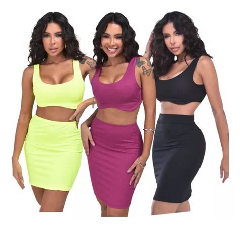 Kit 3 Conjunto Feminino Moda Top Cropped E Saia Midi Gringa Frete grátis