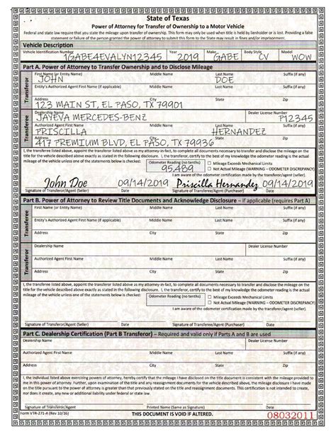 Txdmv Vtr 271 A Power Of Attorney For Transfer Of Ownership To A