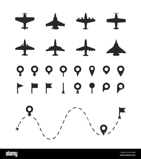 Set Of Airplane And Pin Symbols Different Types Aircrafts And Jet