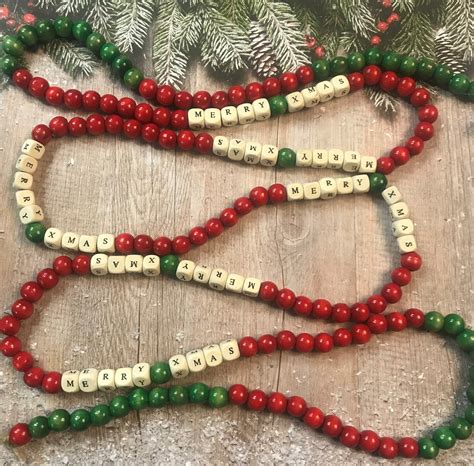 Christmas Garland Wood Beaded Garland Rustic Christmas Etsy Uk