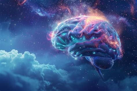 Human Brain Floating In Space With Clouds And Bright Stars Shining