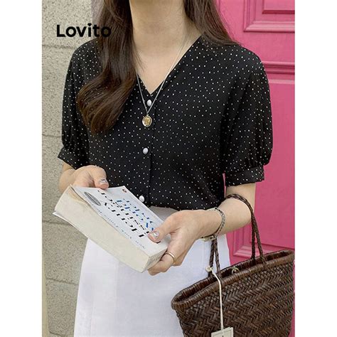 Lovito Women Casual Polka Dot Pattern Button Blouse L86ED014 Shopee