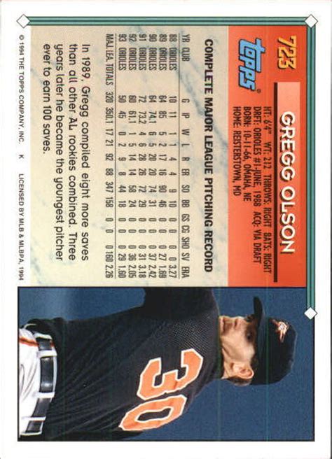 1994 Topps Gold Baltimore Orioles Baseball Card 723 Gregg Olson EBay