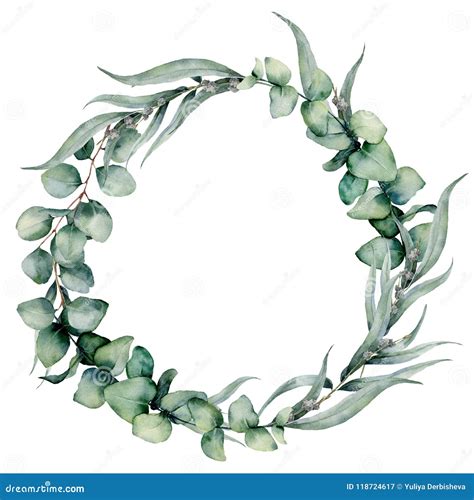 Watercolor Floral Wreath With Different Eucalyptus Leaves Hand Painted