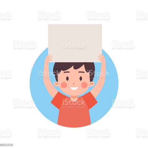 Happy Kid Boy Holding Paper Overhead Flat Style Vector Illustration