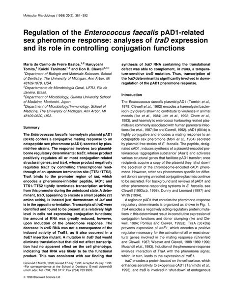 Pdf Regulation Of The Enterococcus Faecalis Pad1 Related Sex