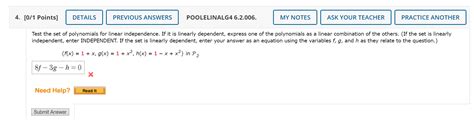 Solved Test The Set Of Polynomials For Linear Independence Chegg