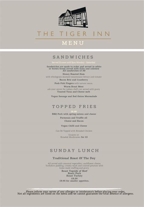 Menu at Tiger Inn pub & bar, Beverley