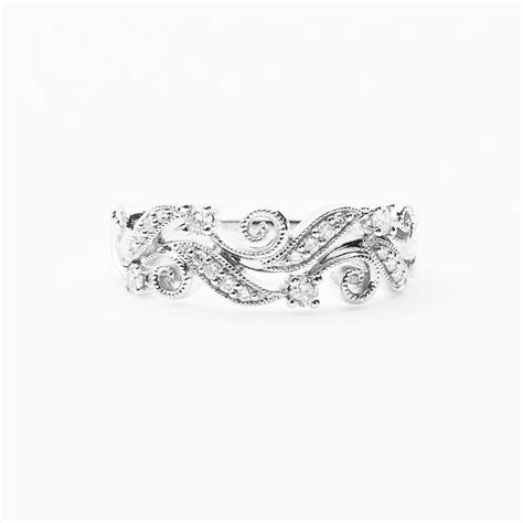 14k White Gold Natural Diamond Filigree Leaf Scroll Ring