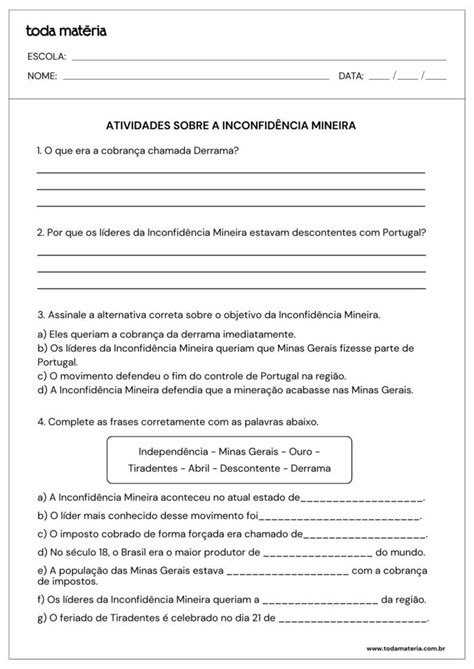 Questões Sobre Inconfidencia Mineira - Atividades sobre Tiradentes e a Inconfidência Mineira (para imprimir ...
