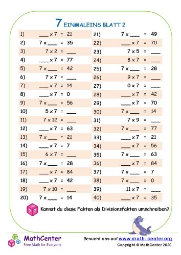 Vierte Klasse Arbeitsbl Tter Einmaleins Math Center