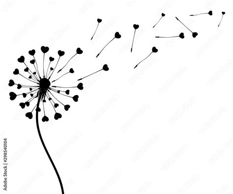 Abstract Black Dandelion Silhouette With Hearts Flying Seeds Of Love