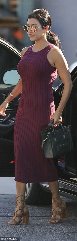 Kourtney Kardashian Shows Off Her Physique In A Curve Clinging Burgundy Pencil Dress Daily