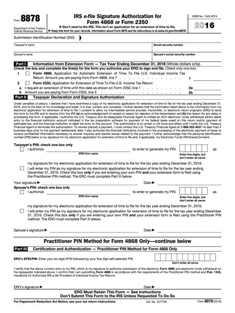 Fillable Online 2016 Form 8878 Irs E File Signature Authorization For