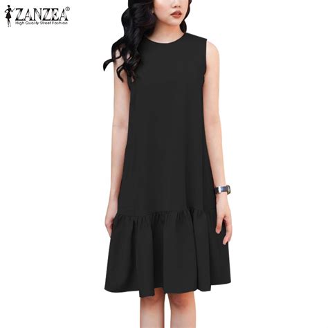 Zanzea Women Vintage Daily Round Neck Sleeveless A Line Plain Ruffle