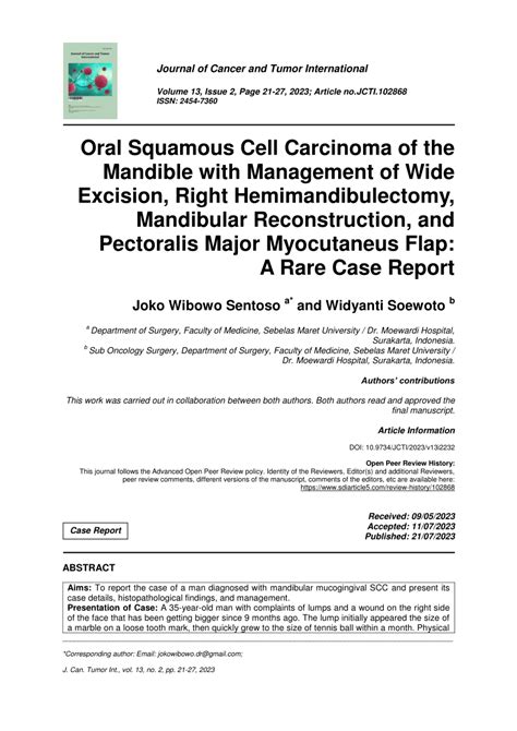 Pdf Oral Squamous Cell Carcinoma Of The Mandible With Management Of