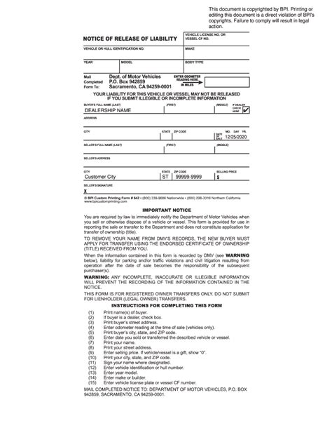 Fillable Online Vehicle License No Or Notice Of Release Of Liability