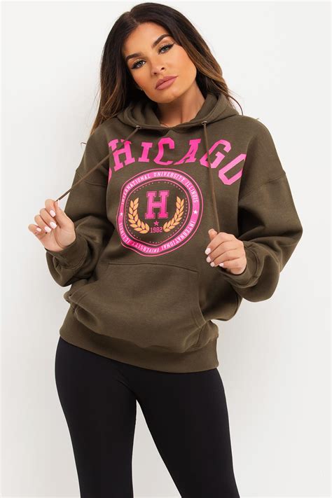 Womens Khaki Oversized Hoodie With Chicago Print Uk