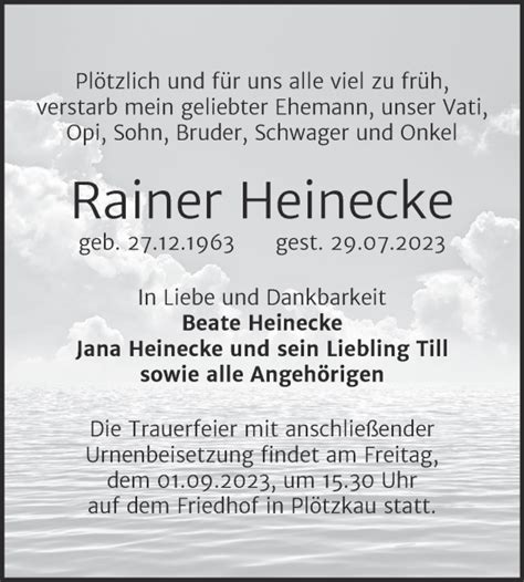 Traueranzeigen Von Rainer Heinecke Abschied Nehmen De