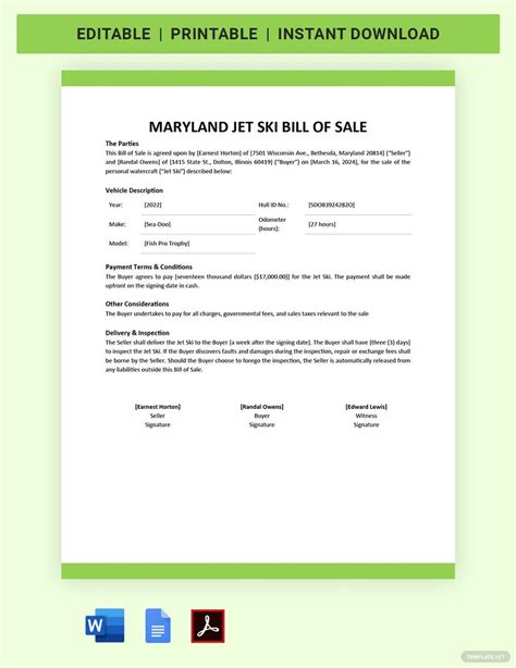 Jet Ski Bill Of Sale Printable